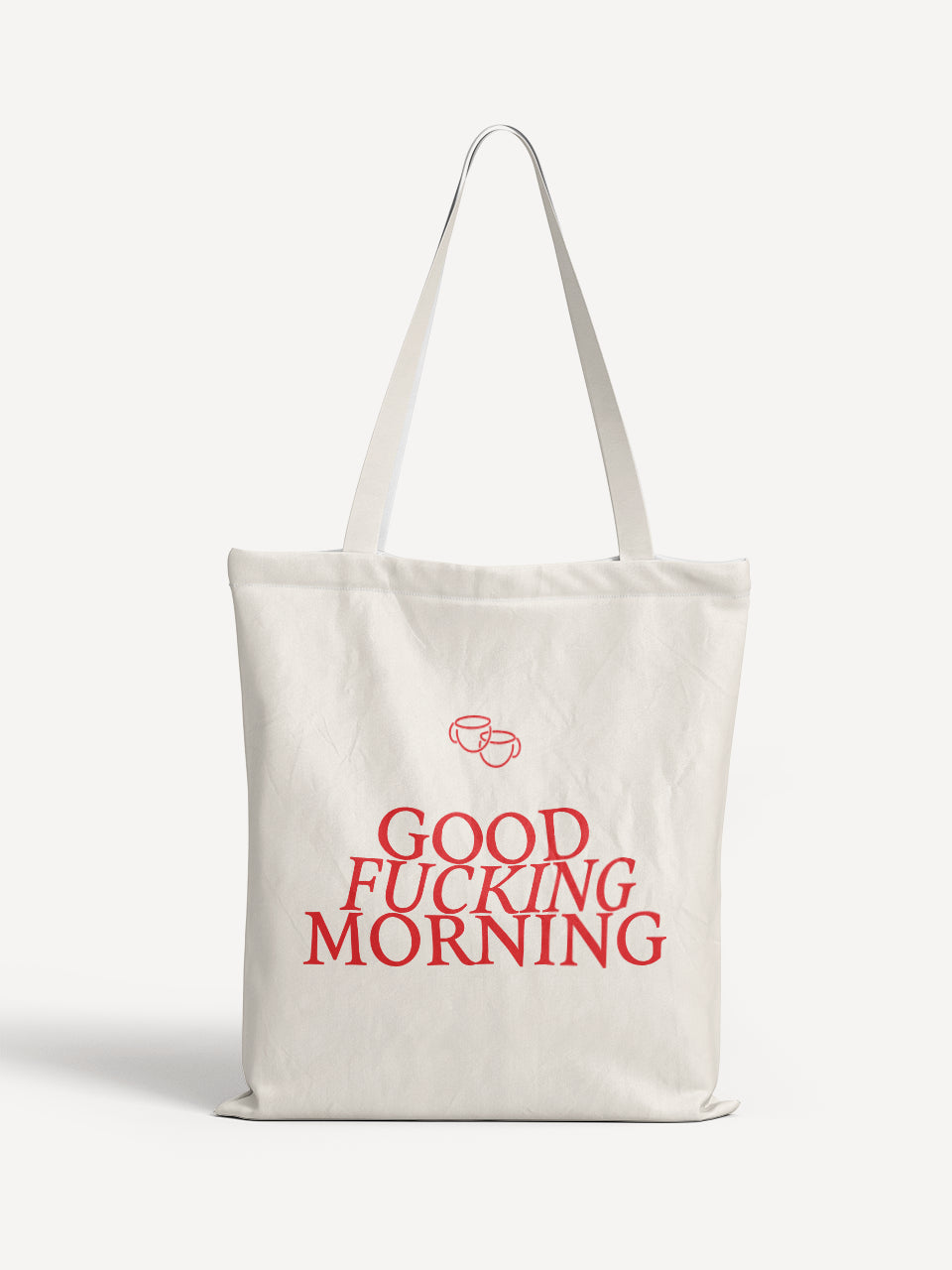Beige Stofftasche mit rotem Schriftzug „GOOD FUCKING MORNING“ und zwei stilisierten Kaffeetassen – freche Tote Bag für Kaffee-Liebhaberinnen und Morgenmuffel - ALMOST A BRAND