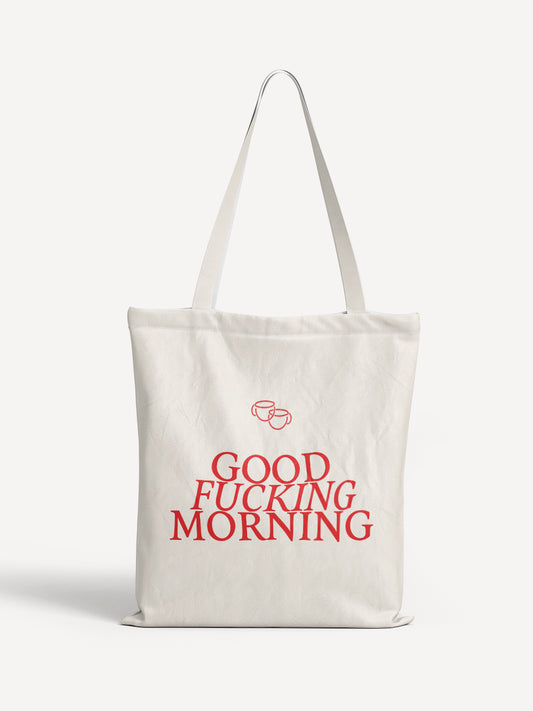 Beige Stofftasche mit rotem Schriftzug „GOOD FUCKING MORNING“ und zwei stilisierten Kaffeetassen – freche Tote Bag für Kaffee-Liebhaberinnen und Morgenmuffel - ALMOST A BRAND